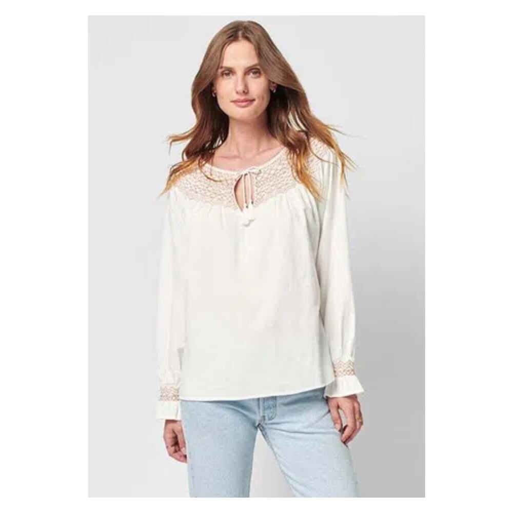 Faherty White Organic Cotton Laura Embroidered Smock Neck Blouse Sz.M NWT